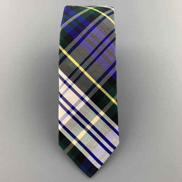 BARNEY'S CO-OP Blue White Yellow & Green Plaid Silk Skinny Tie - Picture 1 of 4